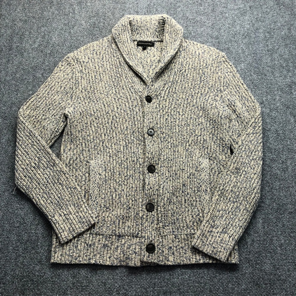 Banana Republic Mens Shawl Collar Marled Knit Cardigan Sweater Blue Cream L